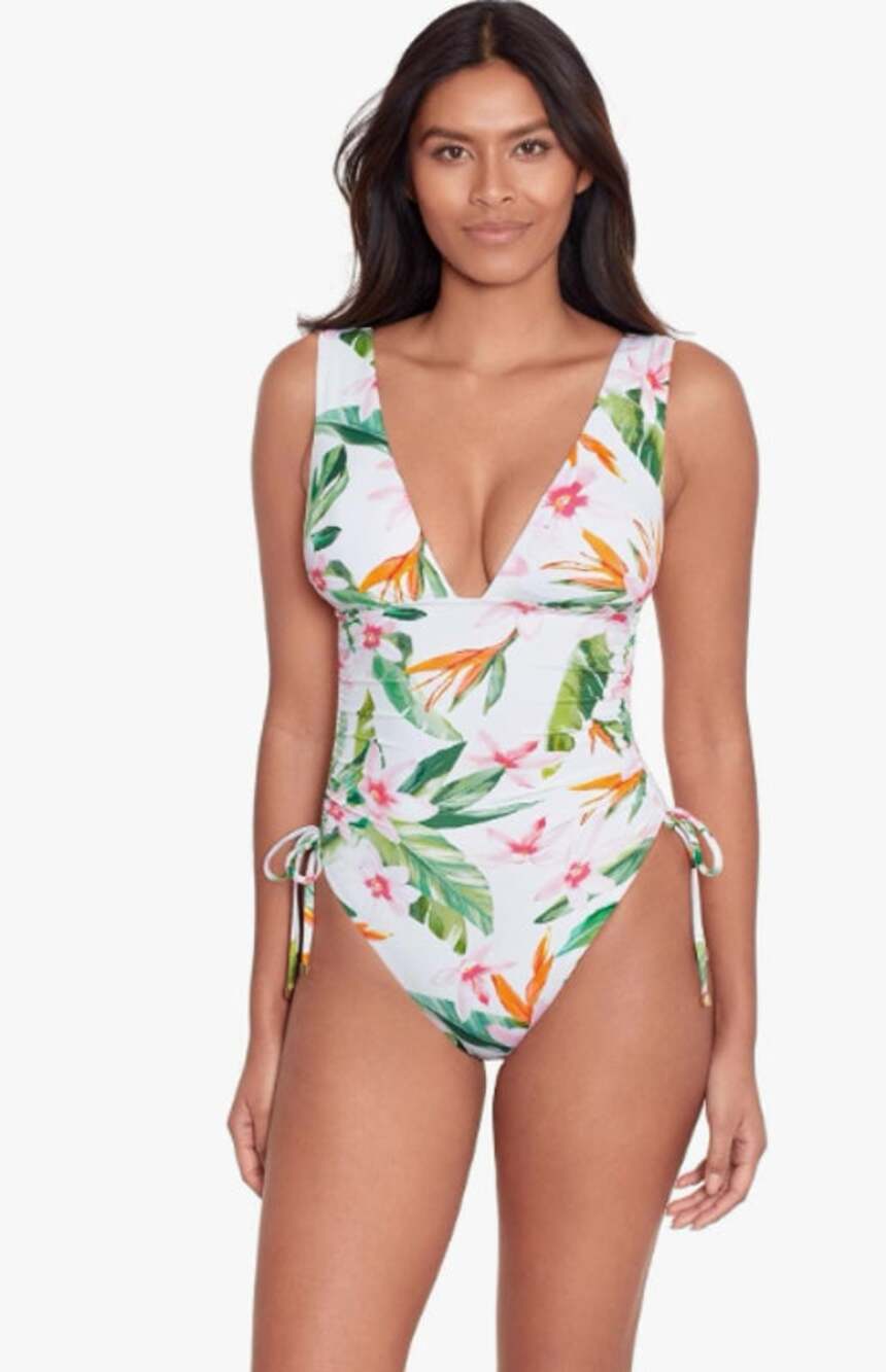 LAUREN RALPH LAUREN Plunge One Piece Swimsuit Size 16 White Floral NWT